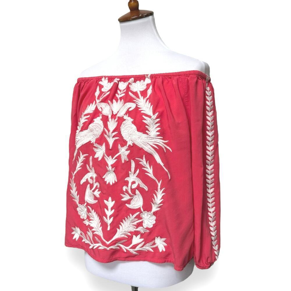 Solitaire Off-The-Shoulder Embroidered Peasant Top Coral White Women’s Medium - Picture 5 of 10